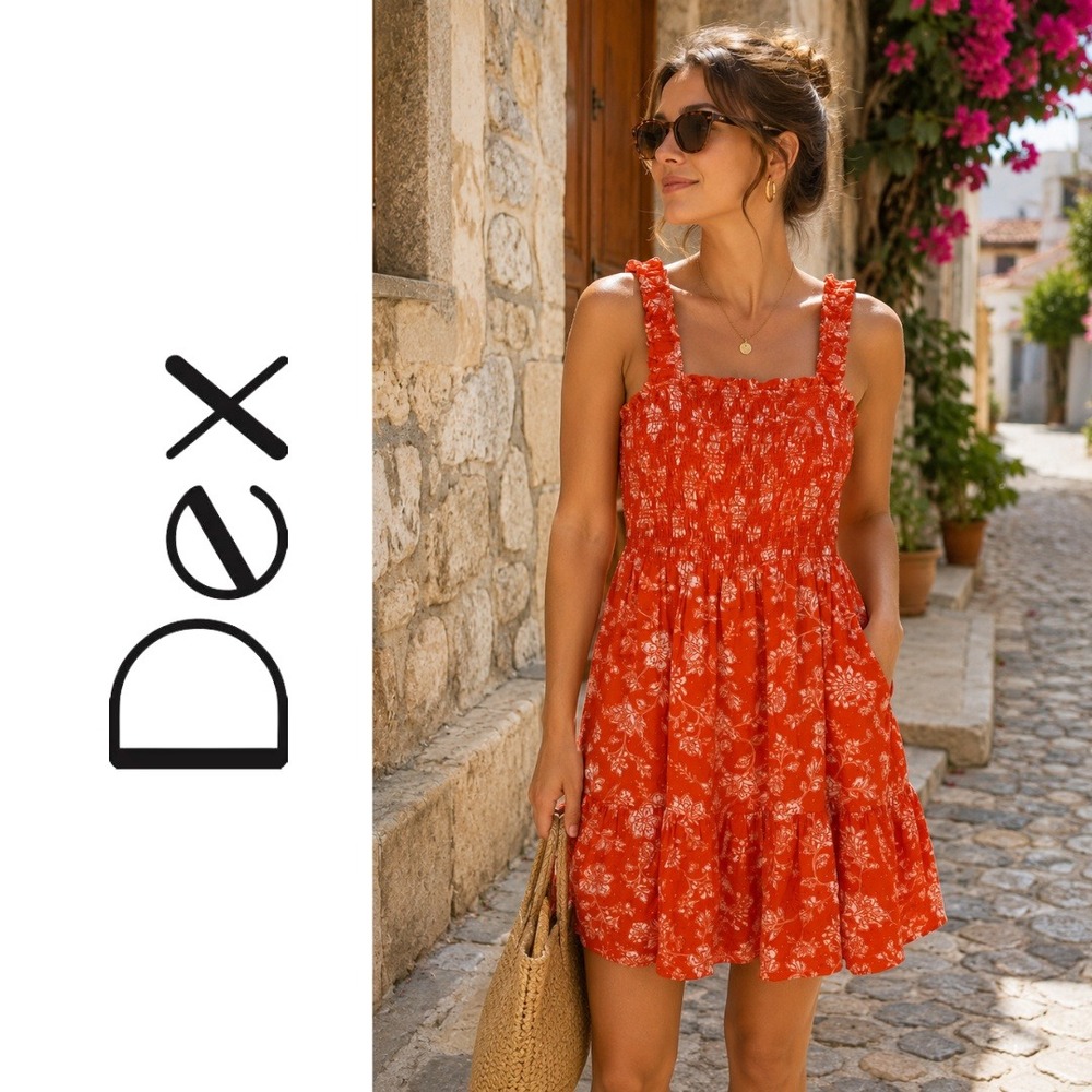 Dex,‎ Orange Floral Smocked Sleeveless Mini Dress Ruffle Strap Clip Dot Small